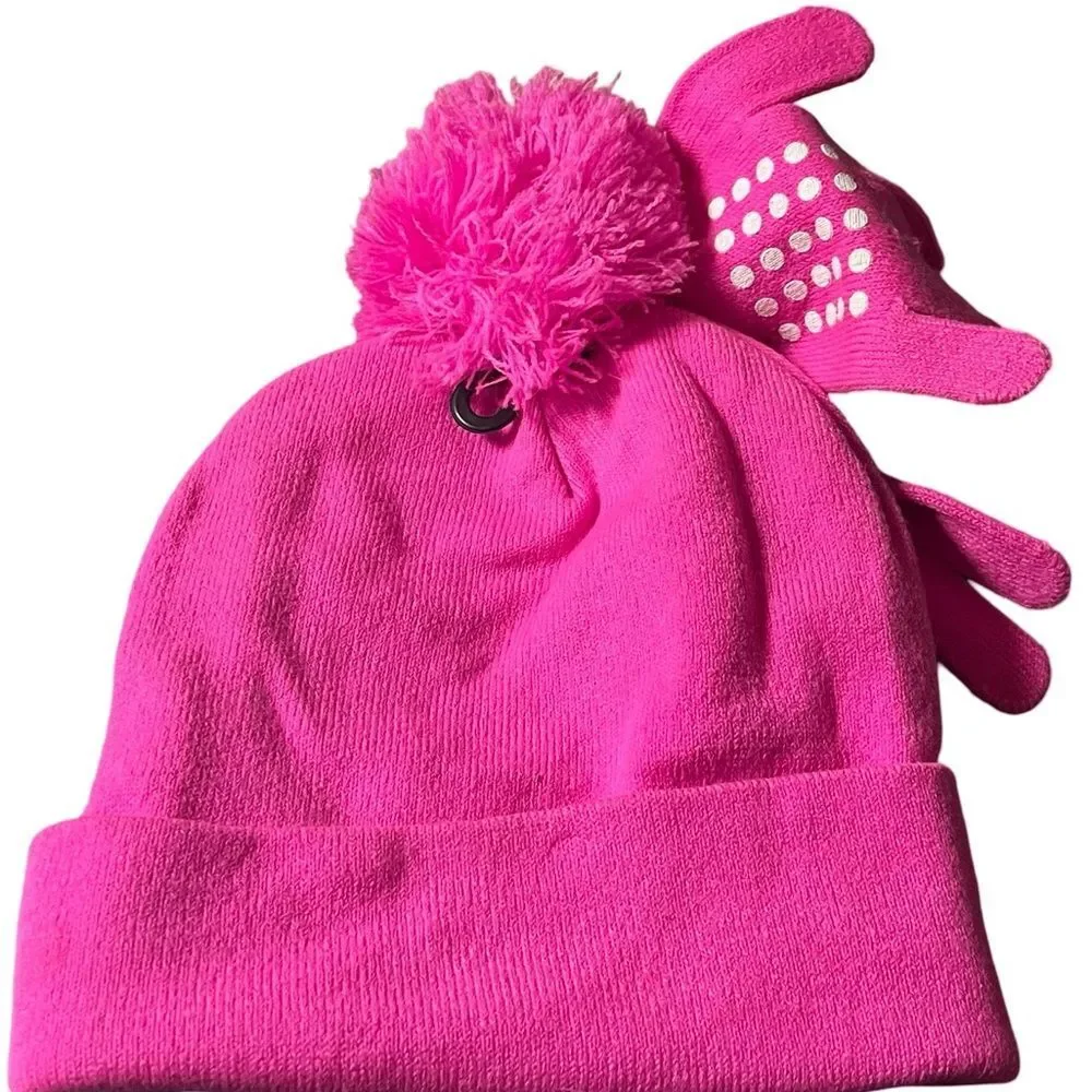 NWT Hello Kitty Pink Pom Pom Winter Hat Matching Mittens Set